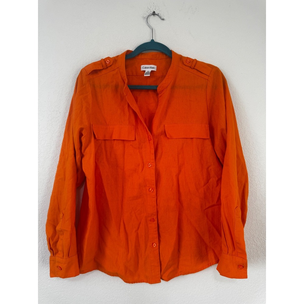 Calvin Klein Women Orange Linen Blend Button Front Shirt Blouse Top L